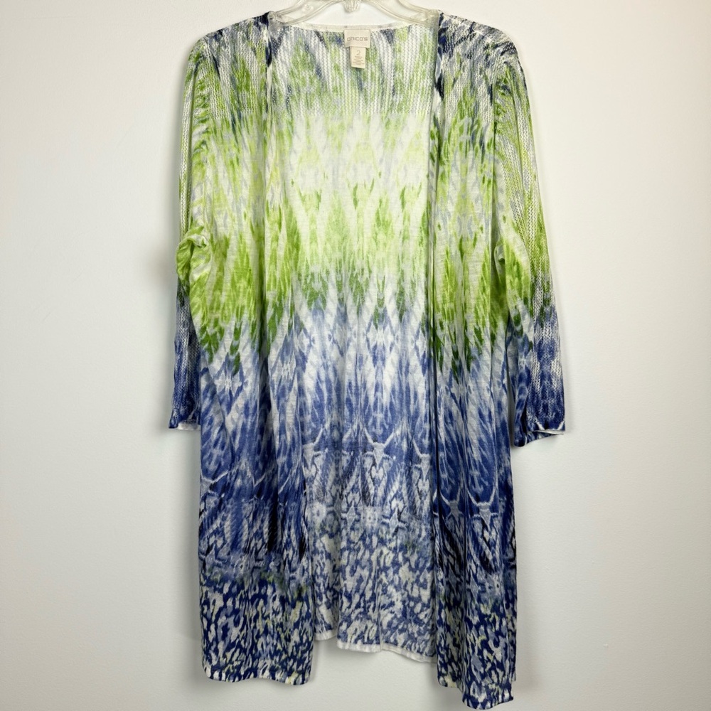 Chico’s Green and Blue Long Line Cardigan Chico’s Size 2 (Size Large)